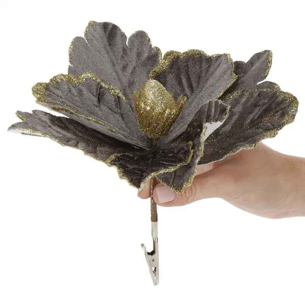 Bethlehem star, artificial flower with clip Springos CA1229 gray-gold with glitter