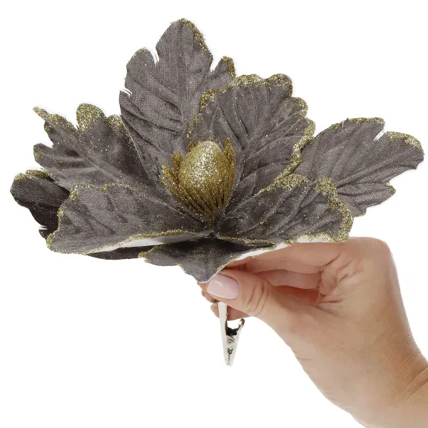 Bethlehem star, artificial flower with clip Springos CA1229 gray-gold with glitter