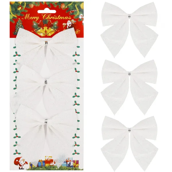 Christmas bow for the tree Springos CA1294 3 pcs glitter ornaments white