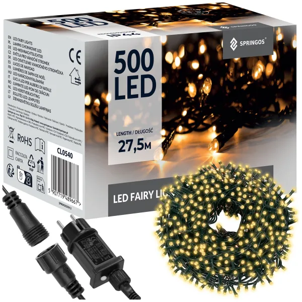 Рождественская гирлянда Springos CL0540 500 LED, тёплый белый, 27,5 м, 8 функций свечения
