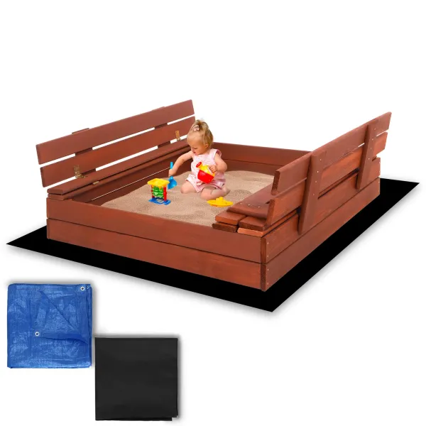 Uždara smėlio dėžė su suolais Springos SBP100SET04 100×100 cm impregnuotos medienos, su geotekstile ir plėve, ruda