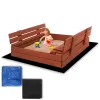 Uždara smėlio dėžė su suolais Springos SBP100SET04 100×100 cm impregnuotos medienos, su geotekstile ir plėve, ruda