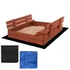 Uždara smėlio dėžė su suolais Springos SBP100SET04 100×100 cm impregnuotos medienos, su geotekstile ir plėve, ruda
