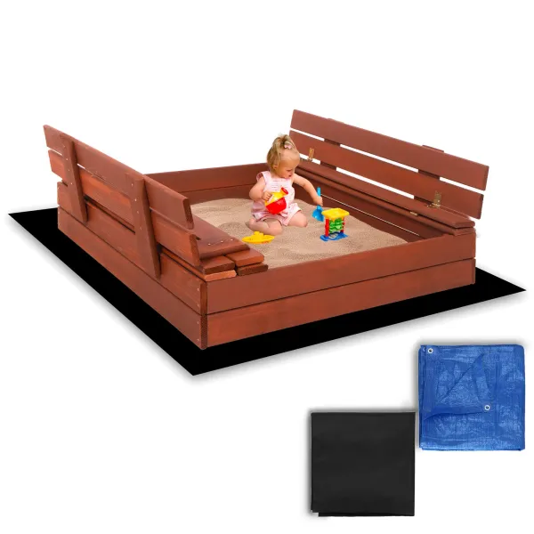 Uždara smėlio dėžė su suolais Springos SBP100SET04 100×100 cm impregnuotos medienos, su geotekstile ir plėve, ruda