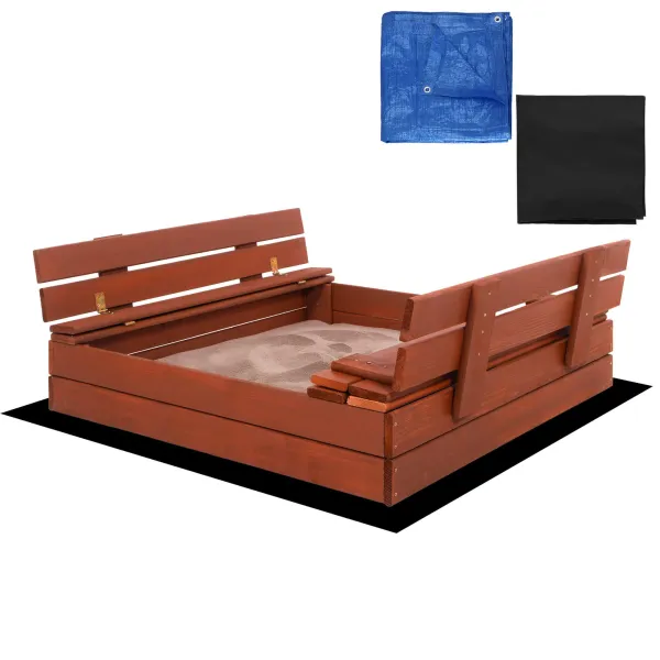 Uždara smėlio dėžė su suolais Springos SBP100SET04 100×100 cm impregnuotos medienos, su geotekstile ir plėve, ruda