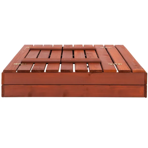 Uždara smėlio dėžė su suolais Springos SBP100SET04 100×100 cm impregnuotos medienos, su geotekstile ir plėve, ruda