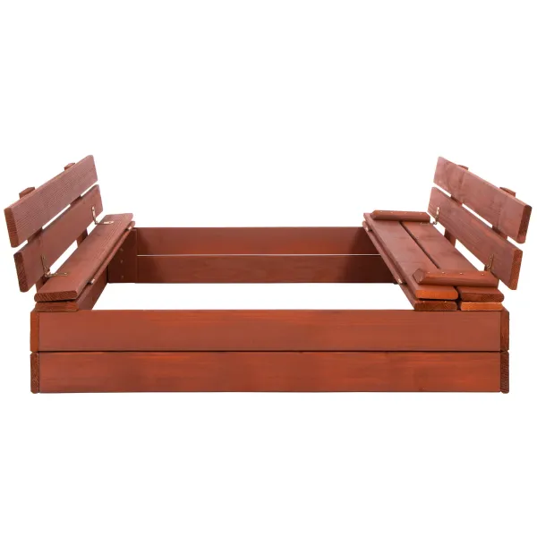 Uždara smėlio dėžė su suolais Springos SBP100SET04 100×100 cm impregnuotos medienos, su geotekstile ir plėve, ruda