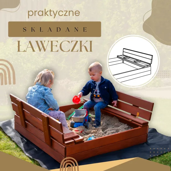 Uždara smėlio dėžė su suolais Springos SBP100SET04 100×100 cm impregnuotos medienos, su geotekstile ir plėve, ruda