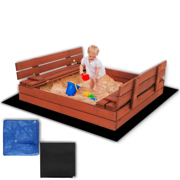 Uždara smėlio dėžė su suolais Springos SBP120SET02 120x120 cm impregnuota mediena, su plėve ir pagrindo danga