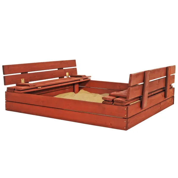 Uždara smėlio dėžė su suolais Springos SBP120SET02 120x120 cm impregnuota mediena, su plėve ir pagrindo danga