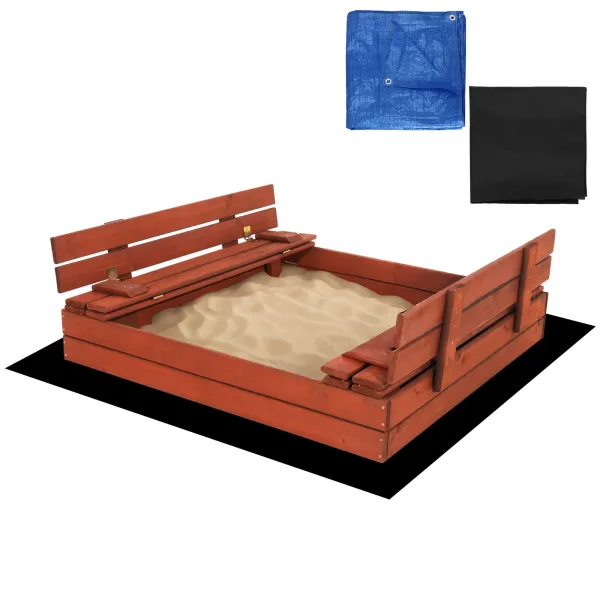 Uždara smėlio dėžė su suolais Springos SBP120SET02 120x120 cm impregnuota mediena, su plėve ir pagrindo danga