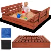 Uždara smėlio dėžė su suolais Springos SBP120SET02 120x120 cm impregnuota mediena, su plėve ir pagrindo danga