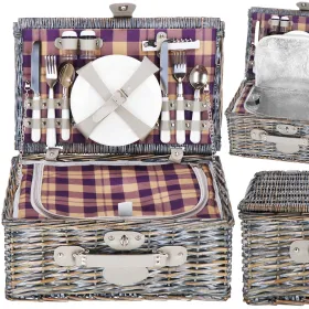 Piknika grozs 4 personām ar aprīkojumu, aizslēdzams, 42x27x20 cm, pinums, pelēks