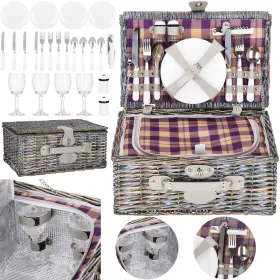 Piknika grozs 4 personām ar aprīkojumu, aizslēdzams, 42x27x20 cm, pinums, pelēks