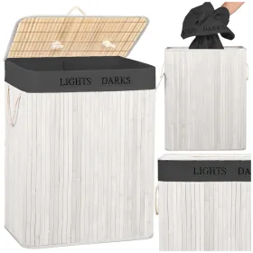 Bamboo laundry basket with lid Springos HA7505 105 L, double compartment, white, grey