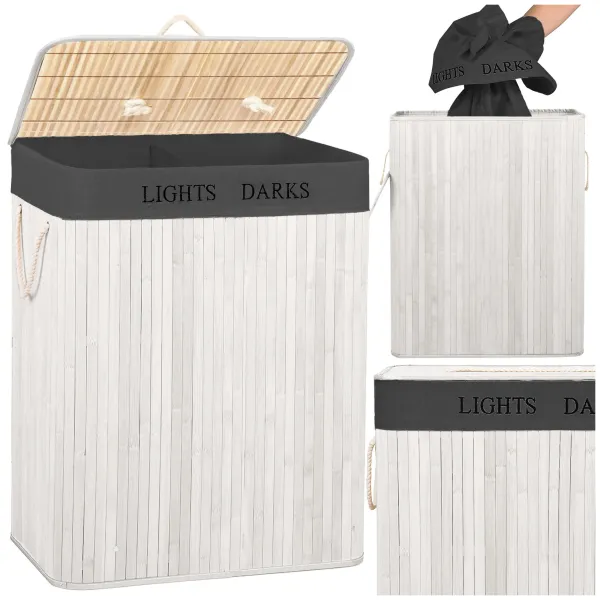Bamboo laundry basket with lid Springos HA7505 105 L, double compartment, white, grey