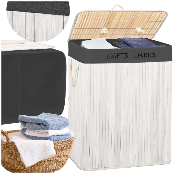 Bamboo laundry basket with lid Springos HA7505 105 L, double compartment, white, grey