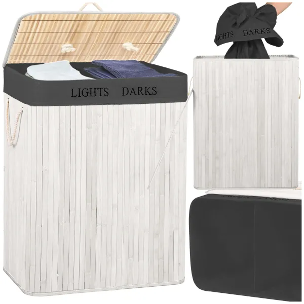 Bamboo laundry basket with lid Springos HA7505 105 L, double compartment, white, grey