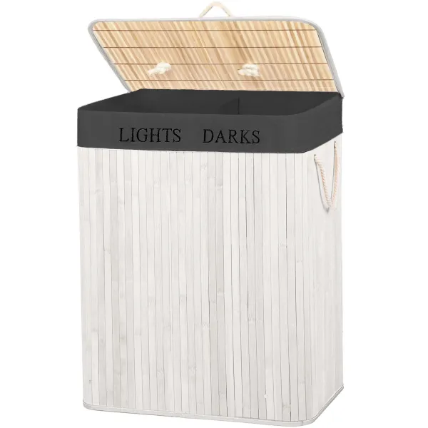 Bamboo laundry basket with lid Springos HA7505 105 L, double compartment, white, grey
