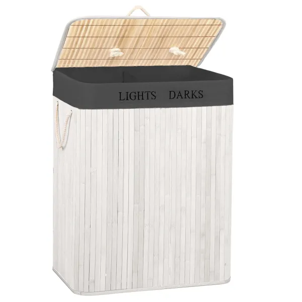 Bamboo laundry basket with lid Springos HA7505 105 L, double compartment, white, grey