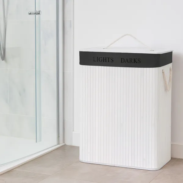Bamboo laundry basket with lid Springos HA7505 105 L, double compartment, white, grey