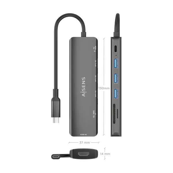USB Hub Aisens 7 EN 1 Grey 100 W
