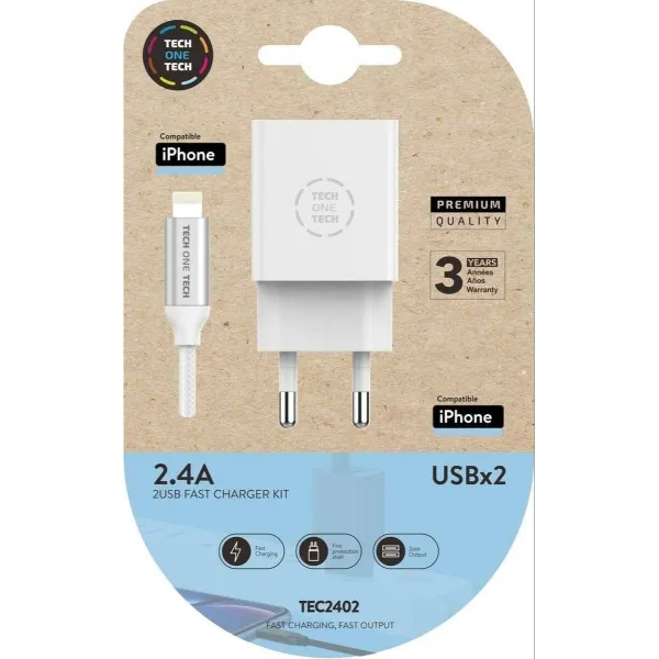 Wall Charger + MFI Certified Lightning Cable Tech One Tech TEC2402 White Double Lightning
