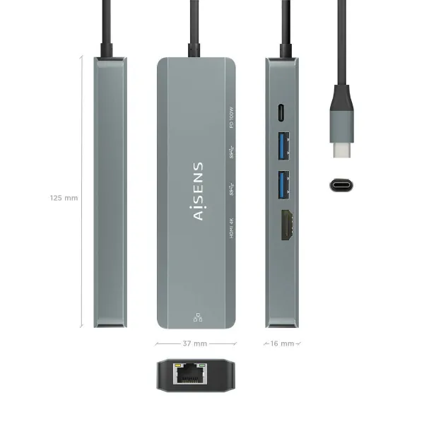 USB Hub Aisens ASUC-5P011-GR Grey Multicolour 100 W