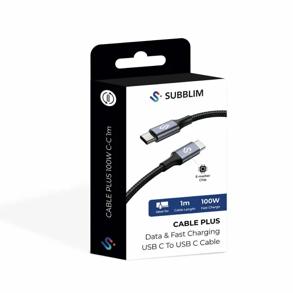 USB-C - USB-C Kaabel Subblim PLUS Must 1 m