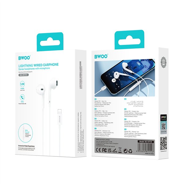 BWOO Wired Headphone Lightning With Volume Control HF179 white