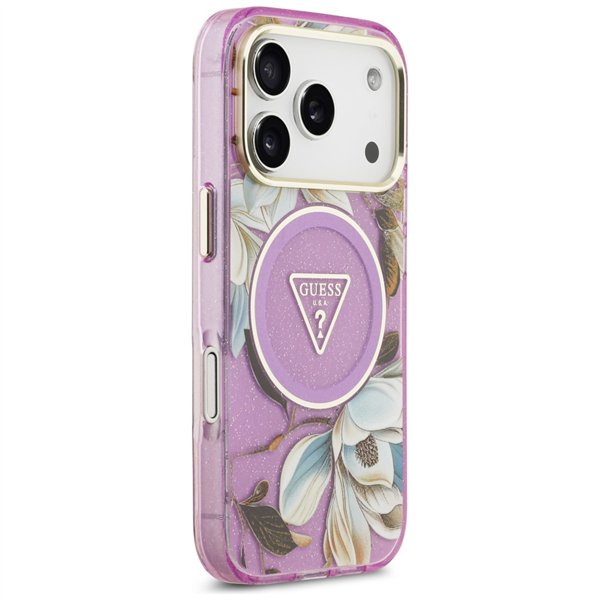 Guess Case Magsafe IML Case Glitter Flowers And Triangle With Metal Camera Frame And Buttons For iPhone 17 Pro Max PUrple