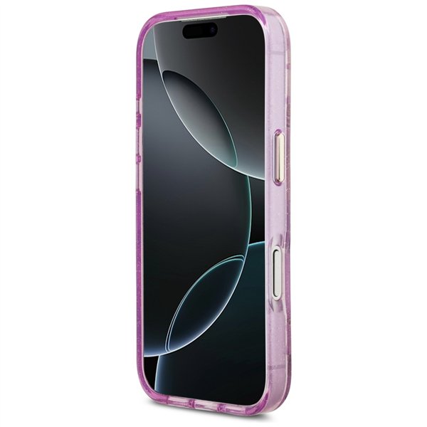 Guess Case Magsafe IML Case Glitter Flowers And Triangle With Metal Camera Frame And Buttons For iPhone 17 Pro Max PUrple