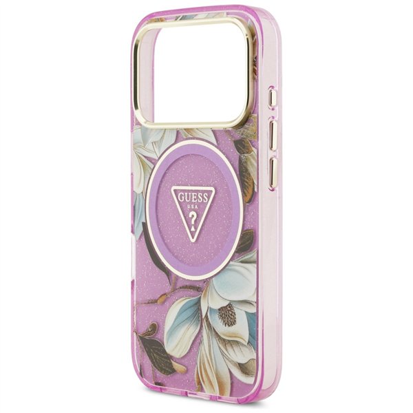 Guess Case Magsafe IML Case Glitter Flowers And Triangle With Metal Camera Frame And Buttons For iPhone 17 Pro Max PUrple