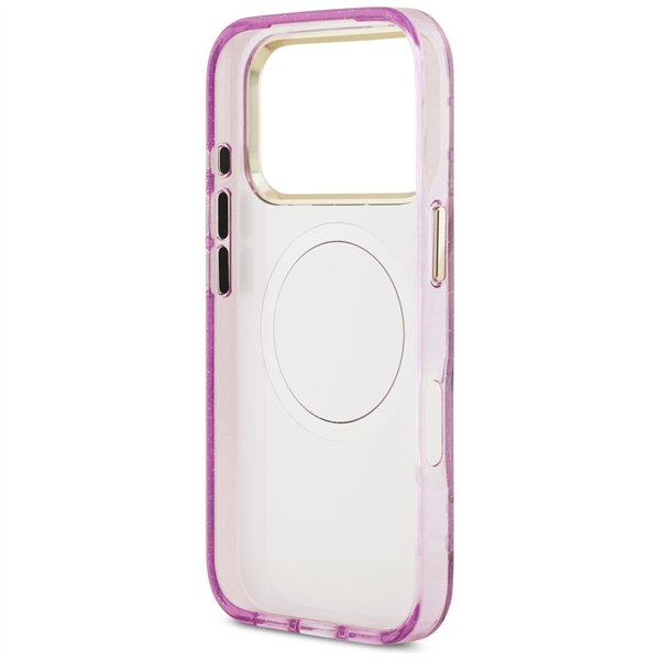 Guess Case Magsafe IML Case Glitter Flowers And Triangle With Metal Camera Frame And Buttons For iPhone 17 Pro Max PUrple