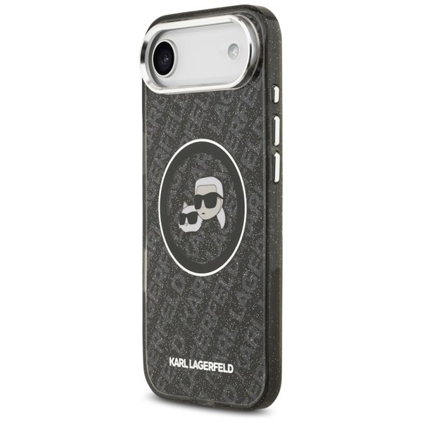 Karl Lagerfeld case Magsafe IML glitter case metal camera frame and buttons Karl and Choupette heads on KL repeated logo for iPh