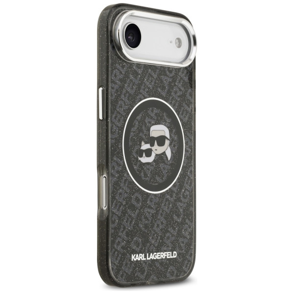 Karl Lagerfeld case Magsafe IML glitter case metal camera frame and buttons Karl and Choupette heads on KL repeated logo for iPh