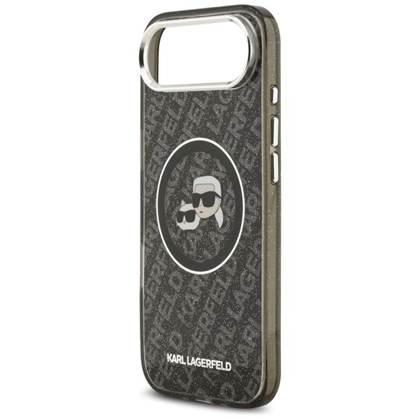 Karl Lagerfeld case Magsafe IML glitter case metal camera frame and buttons Karl and Choupette heads on KL repeated logo for iPh
