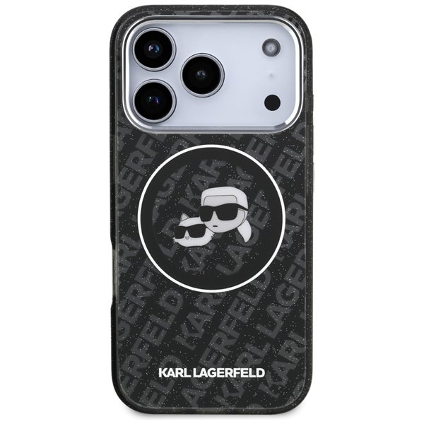 Karl Lagerfeld case Magsafe IML glitter case metal camera frame and buttons Karl and Choupette heads on KL repeated logo for iPh