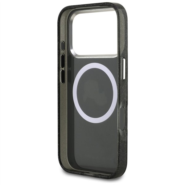 Karl Lagerfeld case Magsafe IML glitter case metal camera frame and buttons Karl and Choupette heads on KL repeated logo for iPh