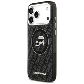 Karl Lagerfeld case Magsafe IML glitter case metal camera frame and buttons Karl and Choupette heads on KL repeated logo for iPh