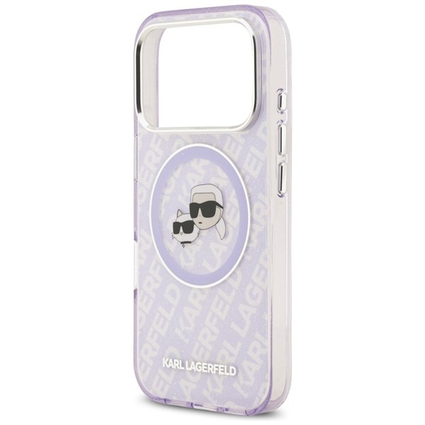 Karl Lagerfeld case Magsafe IML glitter case metal camera frame and buttons Karl and Choupette heads on KL repeated logo for iPh