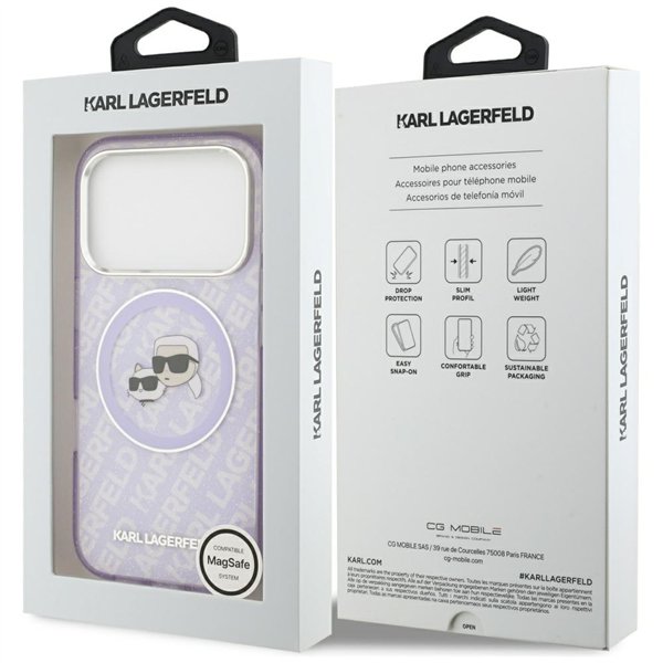 Karl Lagerfeld case Magsafe IML glitter case metal camera frame and buttons Karl and Choupette heads on KL repeated logo for iPh