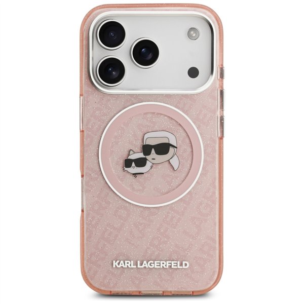 Karl Lagerfeld case Magsafe IML glitter case metal camera frame and buttons Karl and Choupette heads on KL repeated logo for iPh
