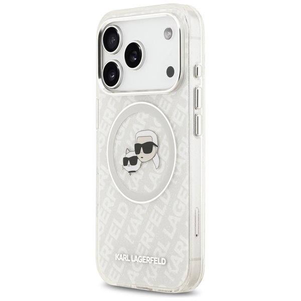 Karl Lagerfeld case Magsafe IML glitter case metal camera frame and buttons Karl and Choupette heads on KL repeated logo for iPh