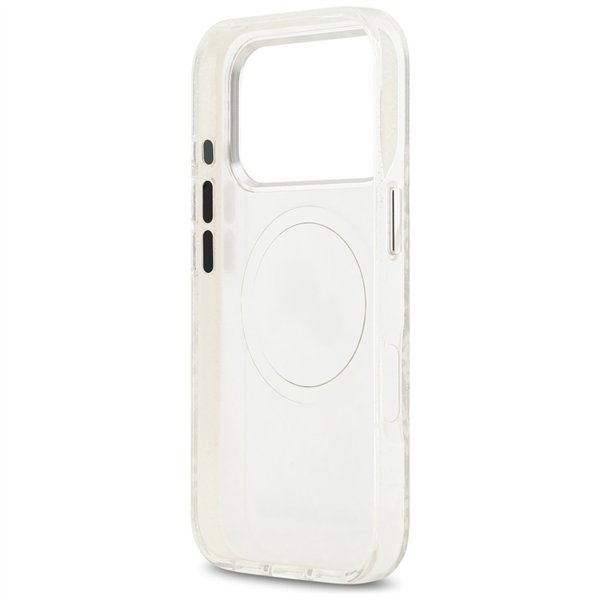 Karl Lagerfeld case Magsafe IML glitter case metal camera frame and buttons Karl and Choupette heads on KL repeated logo for iPh