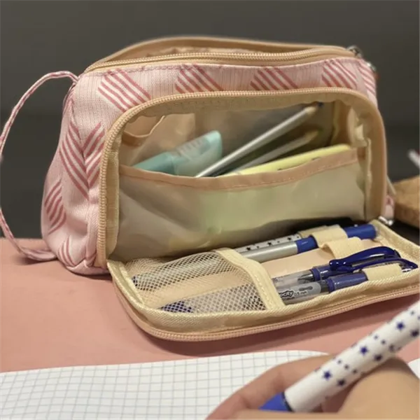 School Pencil Case Two-Compartment Folding Pouch Double Pink for Children