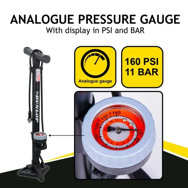 Dunlop - Floor pump for bikes, balls, mattresses with pressure gauge (Black)