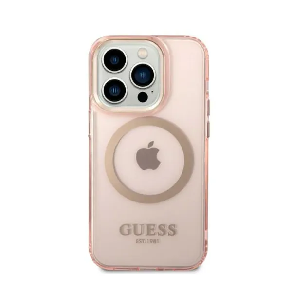 Guess Gold Outline Translucent MagSafe - Case for iPhone 14 Pro (Pink)