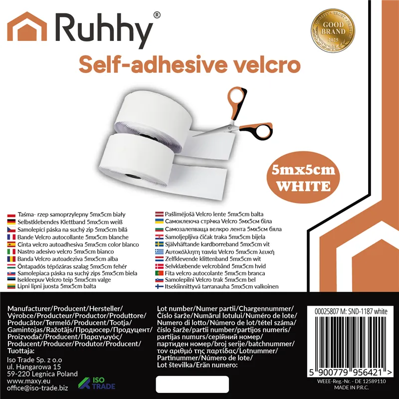 Pašlīmējošā Velcro lente 5mx5cm balta Ruhhy 25807