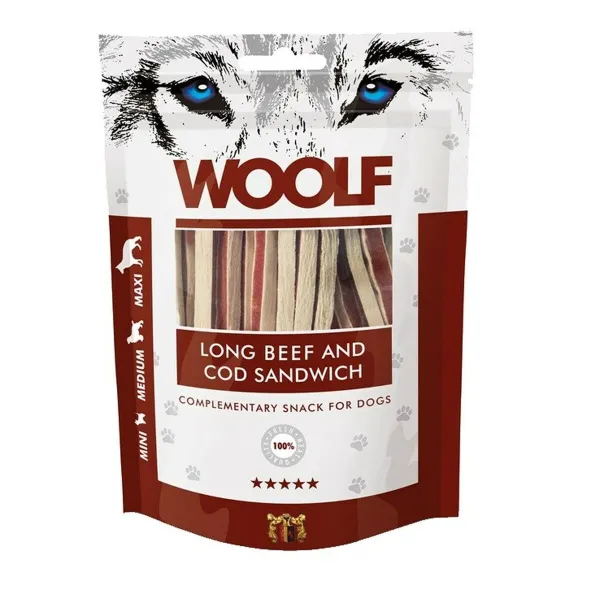 Koera suupiste Woolf Long Beef and Cod Sandwich Veiseliha 100 g